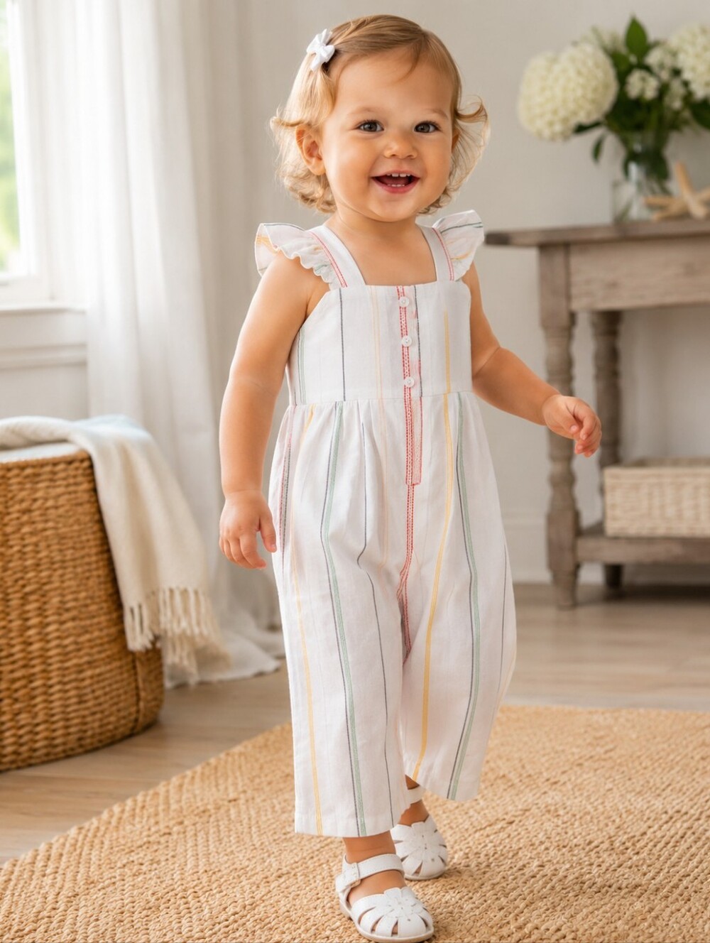 Janie and Jack Rainbow Stripe Gold Stiched Trim Linen Blend Romper 12-18 Months - Picture 2 of 7